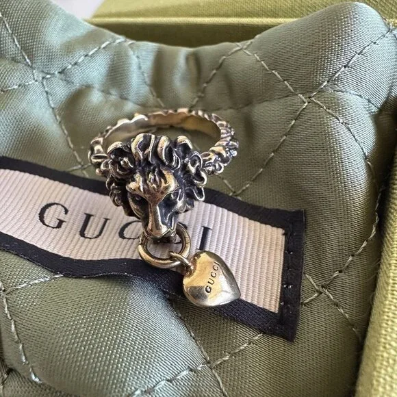 NEW Gucci Ring Lion Head Heart Gold Tone Metal Sz S - Picture 4 of 8